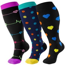 3 Pairs Plus Size Compression Socks Wide Calf for Women  Men 20-30 mmhg-Extr...