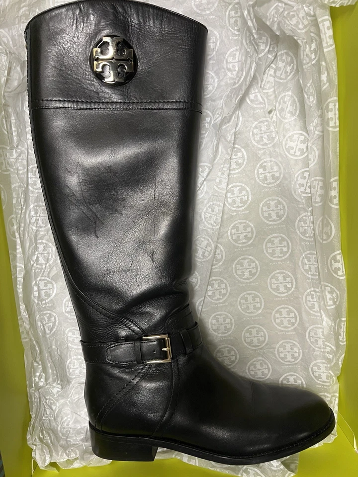 TORY BURCH ADELINE~ TALL RIDING BOOTS~ BLACK WITH GOLD~ TB LOGO HARDWARE 8M - Image 3 of 4
