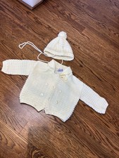 Vintage Baby 3-6 Months Yellow Bubble Cardigan Beanie Hat Made Portugal EUC
