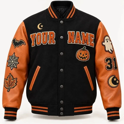 Personalized Embriodery Halloween Varsity Jacket, Black Wool Orange Leather - product listing photo