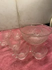 Vintage Anchor Hocking Sandwich Pattern Punch Bowl With 6 Matching Cups