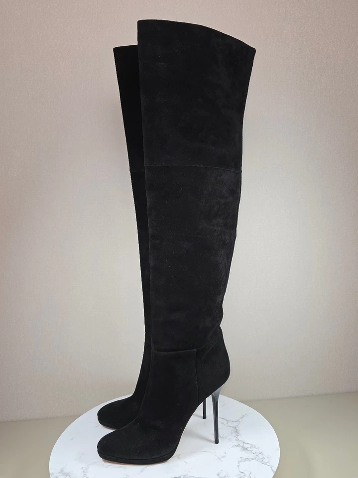 Jimmy Choo Negro Gamuza Sobre la Rodilla Tacón Alto Botas Talla 38 Italia Zapatos Elegantes Foto 2 de 4