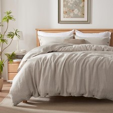 TOSMO 100 Linen Duvet Cover Set Natural French Button Closure 3 Pcs Queen