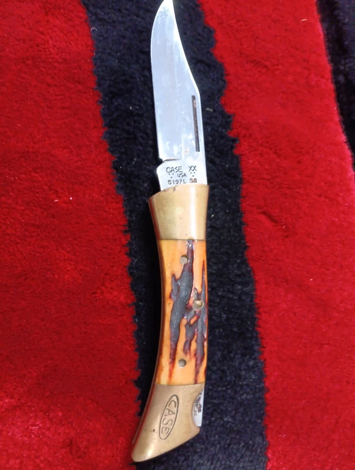 Vintage CASE XX USA 5197L SS Stag Bone Lockback Folding Knife Brass Bolsters - Image 4 of 4
