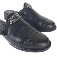 Minnetonka Womens Leather Mules Size 6.5 Black Alligator Print Slip On Clogs