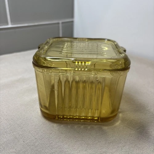 Vintage Federal Glass Amber Golden Yellow 4" Square Refrigerator Dish with Lid