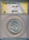 1961 FRANKLIN SILVER HALF DOLLAR **ANACS CERTIFIED MS 63** FREE SHIPPING!!