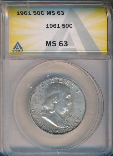 1961 FRANKLIN SILVER HALF DOLLAR **ANACS CERTIFIED MS 63** FREE SHIPPING!!