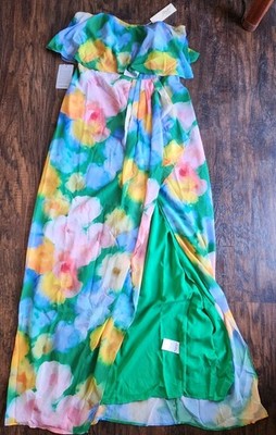 Jewel Badgley Mischka Felicity Printed Popover Strapless Chiffon Dress  Green, 6 | eBay