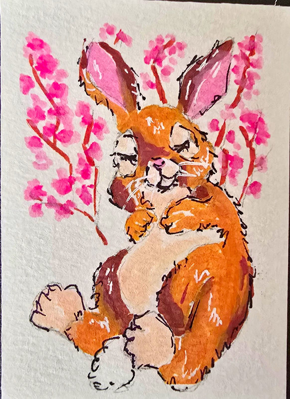 ACEO ATC Original OOAK Rabbit Chilling Among The Petals Acrylic By Stacey Ann