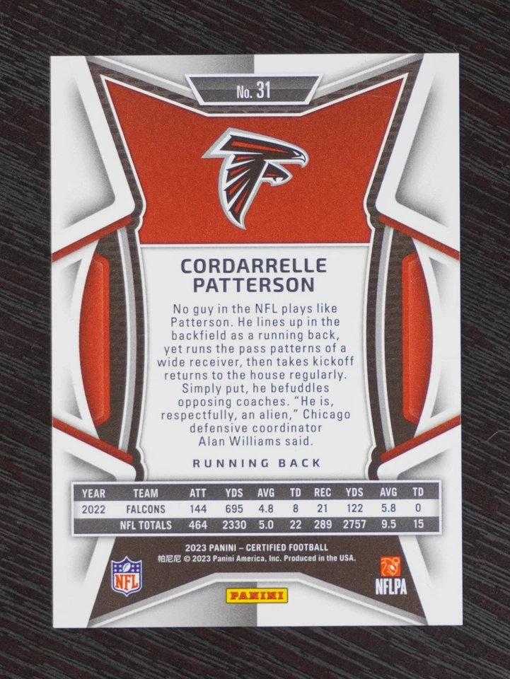 2023 Panini Certified Cordarrelle Patterson Purple Mirror /10 SSP Falcons - Image 2 of 2