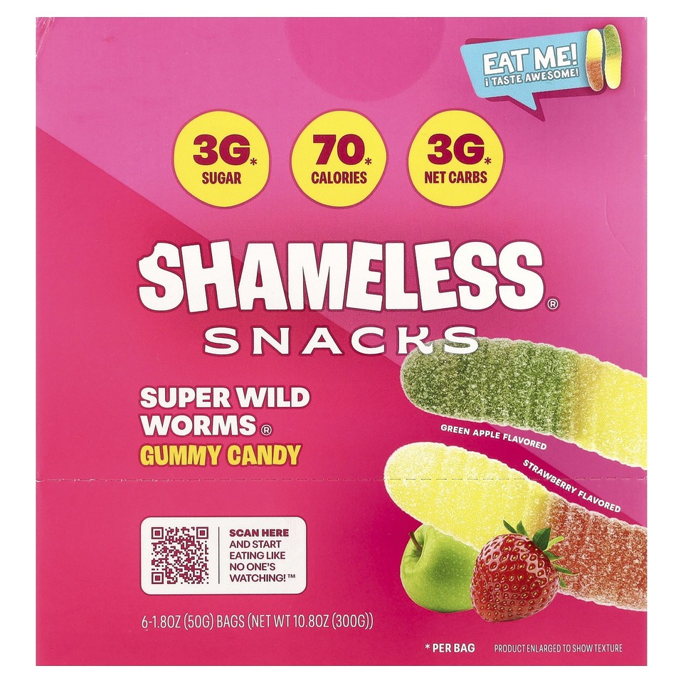 Super Wild Worms® Gummy Candy, Green Apple and Strawberry, 6 Bags, 1.8 oz (50 g)