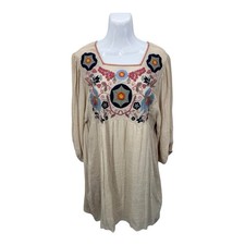 Entro Embroidered Boho Peasant Mini Dress Cream Size Medium