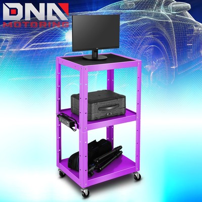 24''-42'' Adjustable 3-Layer Utility Steel Media AV Cart w/ Power Strip Purple