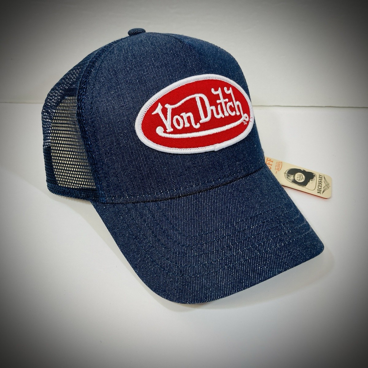 new VON DUTCH HAT navy denim blue red trucker curved-bill