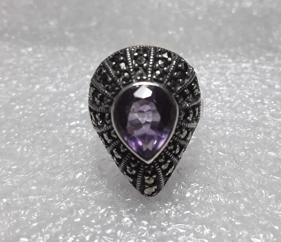 Anillo Vintage Judith Jack Plata de Ley 925 Marcasita y Amatista Banda Talla 8.25 Foto 3 de 4