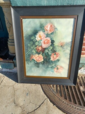 ANTIQUE VICTORIAN ARTIST SIGNED 1908 PINK ROSES FLORAL
