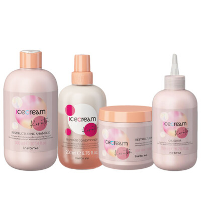INEBRYA Kit ice cream Keratin Sham 300ml + Condi 200ml+ mask 500ml + Oil 200ml