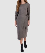 Taylor Women Gray Knit Crewneck Long Puff Sleeve Self-Tie Sweater Dress Size S