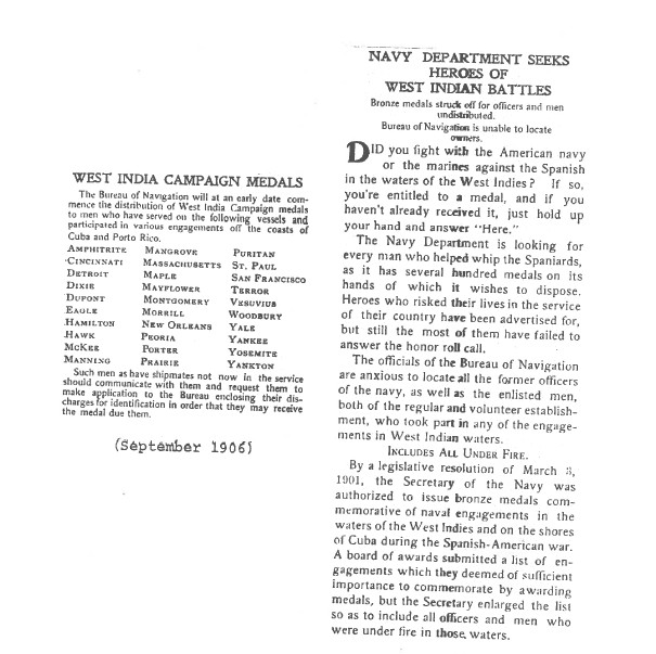 Spanish American War Sampson Medal West Indies Campaign Unissued Medal List Book