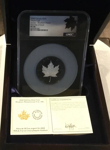 2020 Canada Silver $50 3 Oz Maple Leaf Incuse Rhodium Pl. NGC PF70 FDOI !