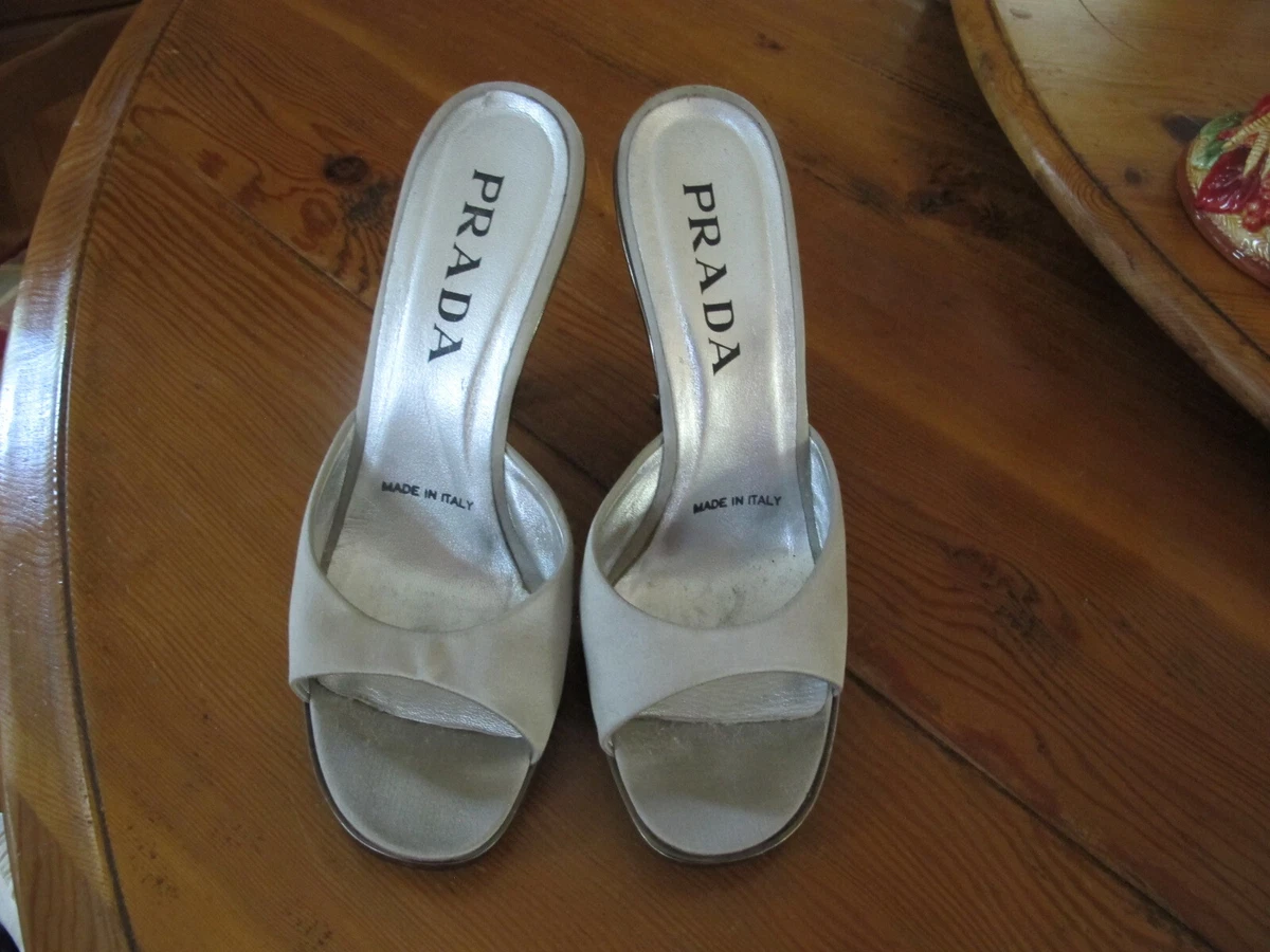 Prada Vintage Silver Satin and Gunmetal Platform Wedges. Size 6.5 7