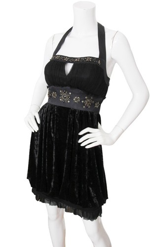 Vintage 90s Sue Wong Nocturne Black Silk Velvet Beaded Bubble Hem Halter Dress 4 - Picture 4 of 6