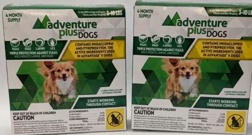 Lot of 2 Adventure Plus For Dogs 3-10 Lbs 4 Month Supply Triple Flea Protection