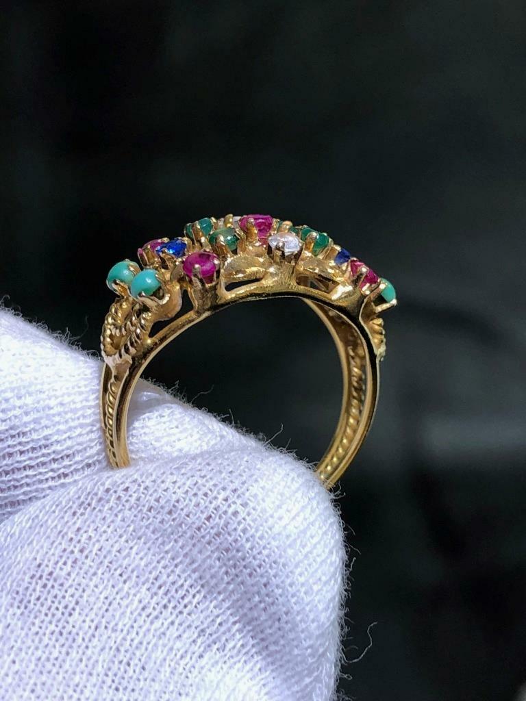 14k Solid Yellow Gold Ruby & Multi Gemstone Hand … - image 7