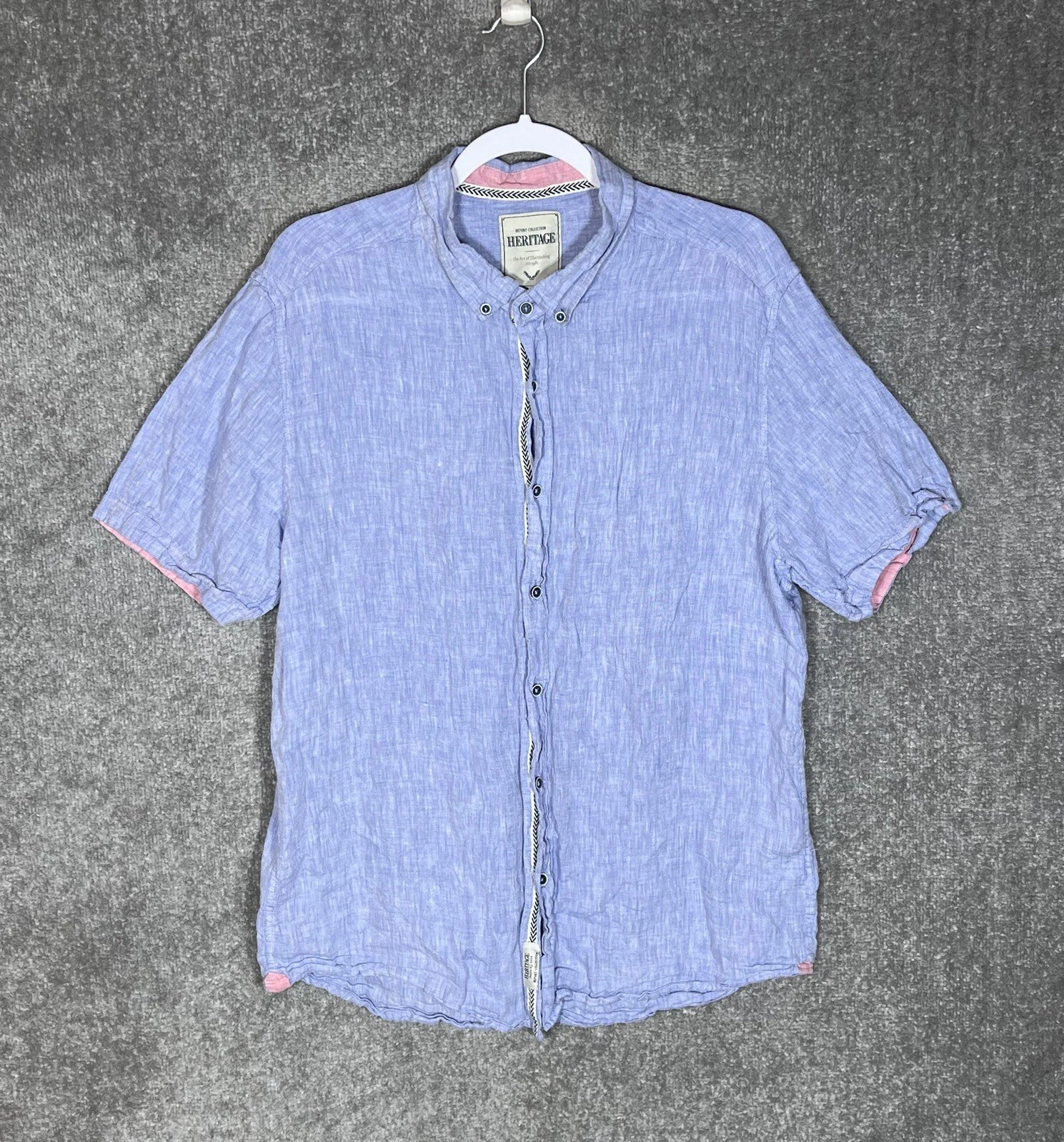 Heritage Report Collection Linen Button Down Shirt Mens Sz XL Blue Short Sleeve