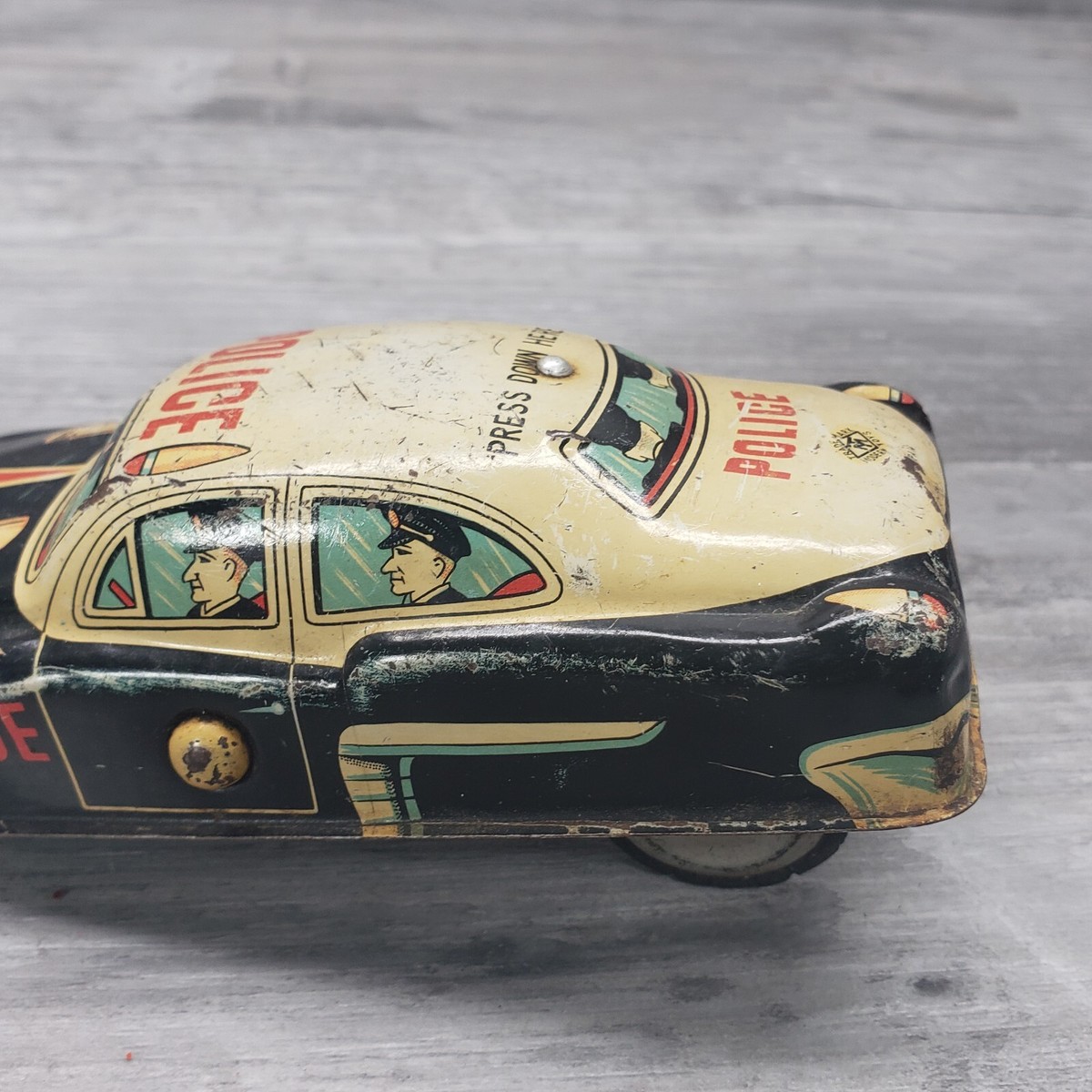 VINTAGE POLICE CAR POPCAR 完売品 Vintage 1950's Modern Toys Japan Press Down Police Car Works