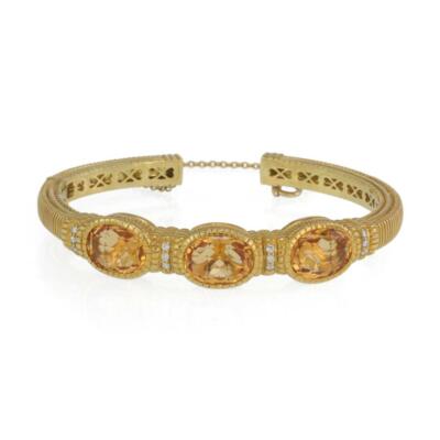 Judith Ripka Orange Citrine Diamond 18k Yellow Gold Stone Cuff Bracelet 