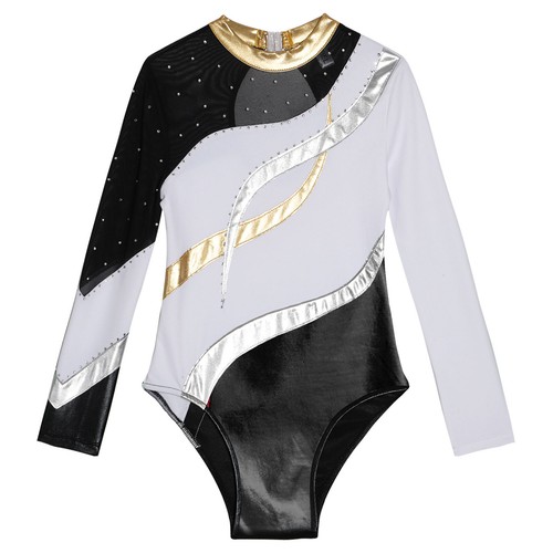 US Girl's Shiny Dance Outfits Long Sleeve Gymnastics Leotard Rhinestone Jumpsuit - Picture 44 of 89