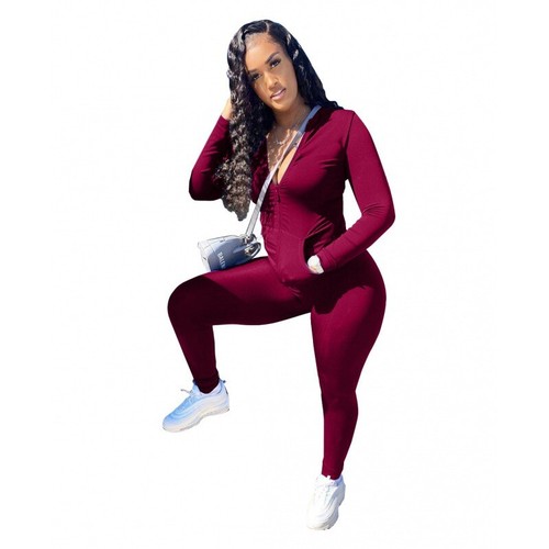 Women Hooded Long Sleeves Zipper Pockets Solid Casual Sports Pants Set Two Piece - Picture 20 of 21