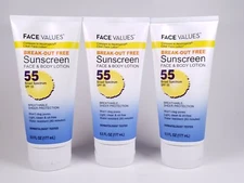 Lot Of 3 Face Values Break Out Free Sun Screen Block Lotion Face & Body 55 SPF 