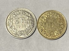2Pcs. Switzerland coins,19781 5 Rappen & 1974 1/2 franc, circulated, uncertified