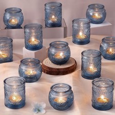 Blue Glass Votive Candle Holders Set, Tea Light Wedding Party Centerpieces