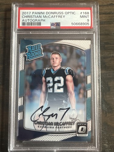 2017 Optic Christian McCaffrey Rated Rookie On-Card Auto 23/150 JERSEY # PSA 9