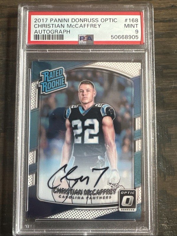 2017 Optic Christian McCaffrey Rated Rookie On-Card Auto 23/150 JERSEY # PSA 9