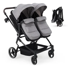 Aluminum Frame Twin Stroller, 5-Point Harness, Adjustable Backrest & All-Weather