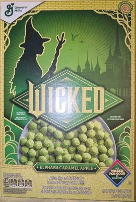 Wicked Cereal New General Mills Elphaba Caramel Apple 10.4 oz Green Box Collecti