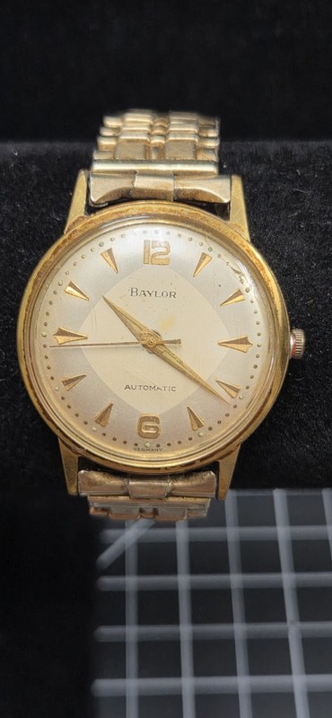 ✨ Vintage Baylor Automatic 17 Jewel Wristwatch ⌚ Gold Tone Linen Dial Running