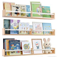 Nursery Bookshelf,Set of 3 White Wood Floating Bookshelf for Kids,Nursery She...