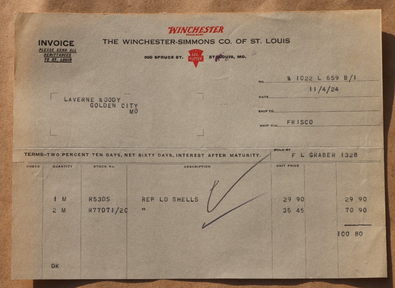Original 1924 Winchester Ammunition Invoice Repeater Long Distance Shells
