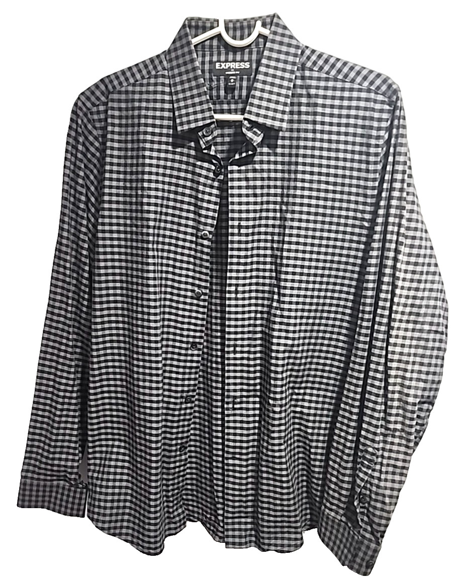 Express Gray Black Checkered Collar Button Shirt … - image 1