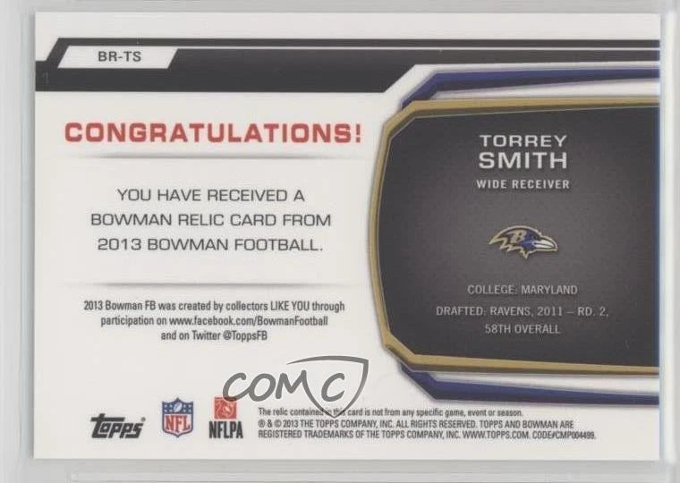 2013 Bowman Relic Torrey Smith #BR-TS - Image 2 of 2