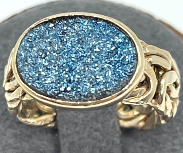 Anel vintage folheado a ouro com mais de 925 largura banda bizantina com azul escuro druso tamanho 6 - Imagem 4 de 4