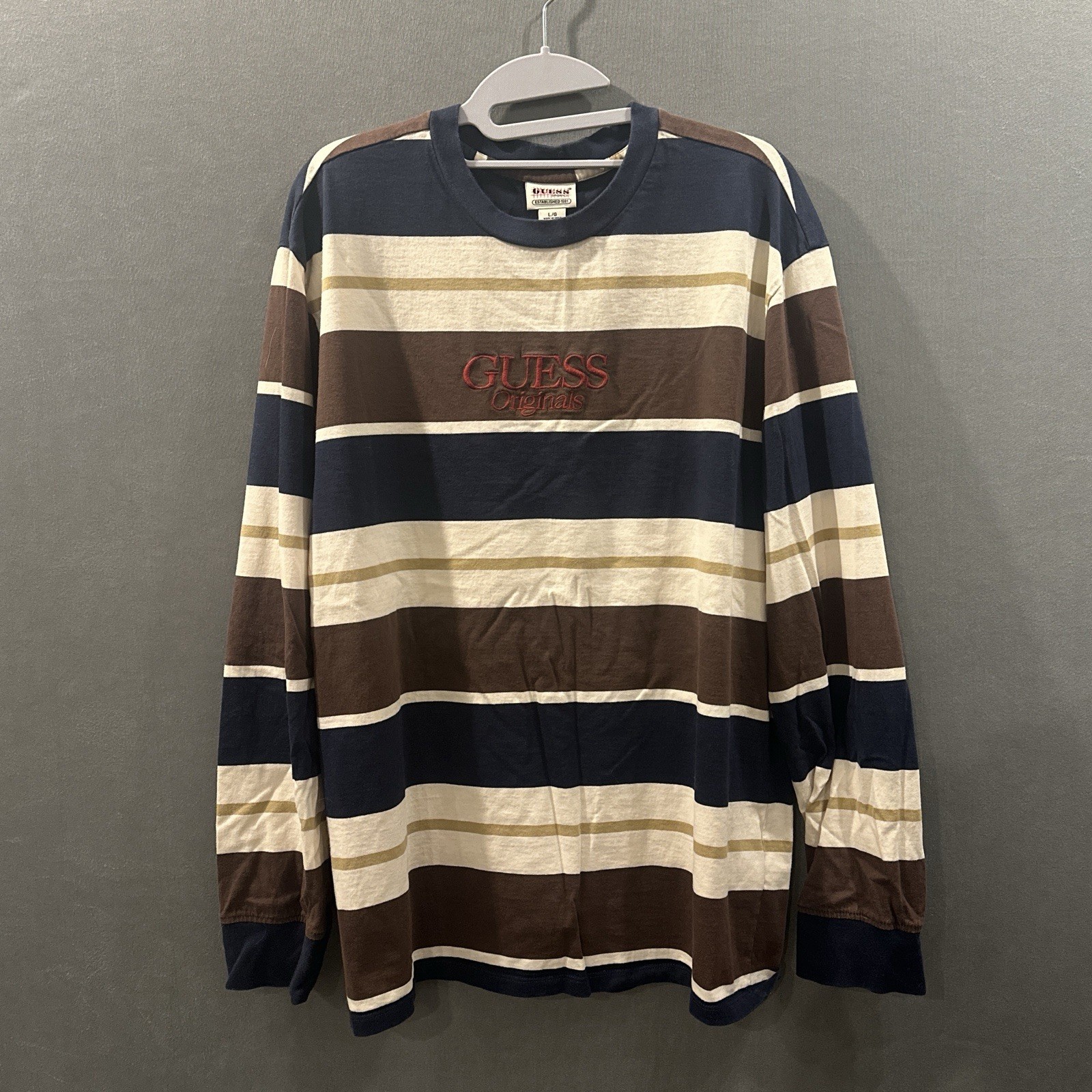 Vintage GUESS Long Striped Color Block Long Sleeve, Size Large, Brown Beige