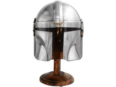 Medieval Warrior Mandalorian Style Steel Helmet - Wearable with Wooden Stand