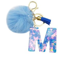 Letter A-Z Keychain With Blue Fur Ball Pom for Women Tassel Butterfly Key M